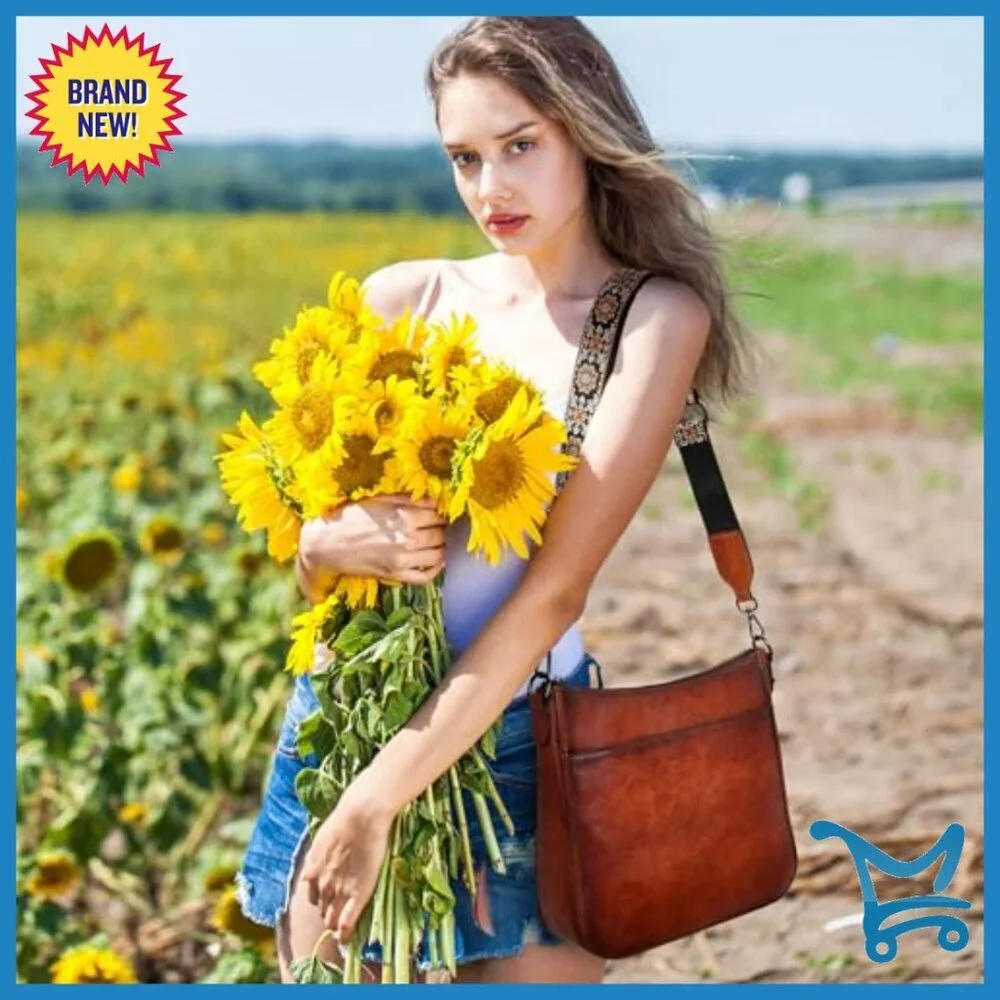 Genuine Leather Crossbody Bag with Guitar Strap, Multi-Pocket Hobo Purse